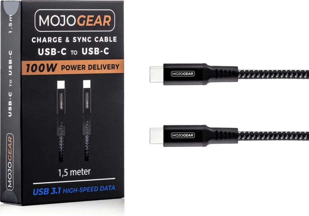 MOJOGEAR MG-36 USB-C Kabel 100W - 1,5m - Nylon - Zwart/donkergrijs