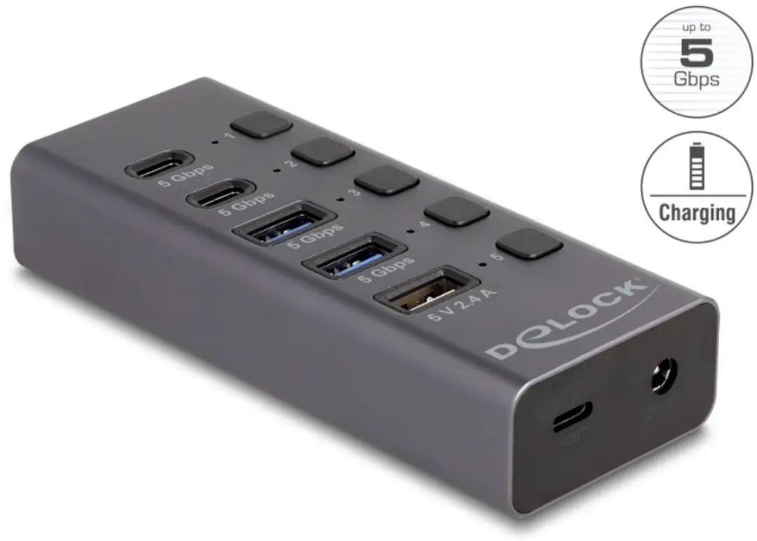 Delock 64248 USB 5Gbps Hub - 2x USB-A 2x USB-C + Snelladen - Grijs