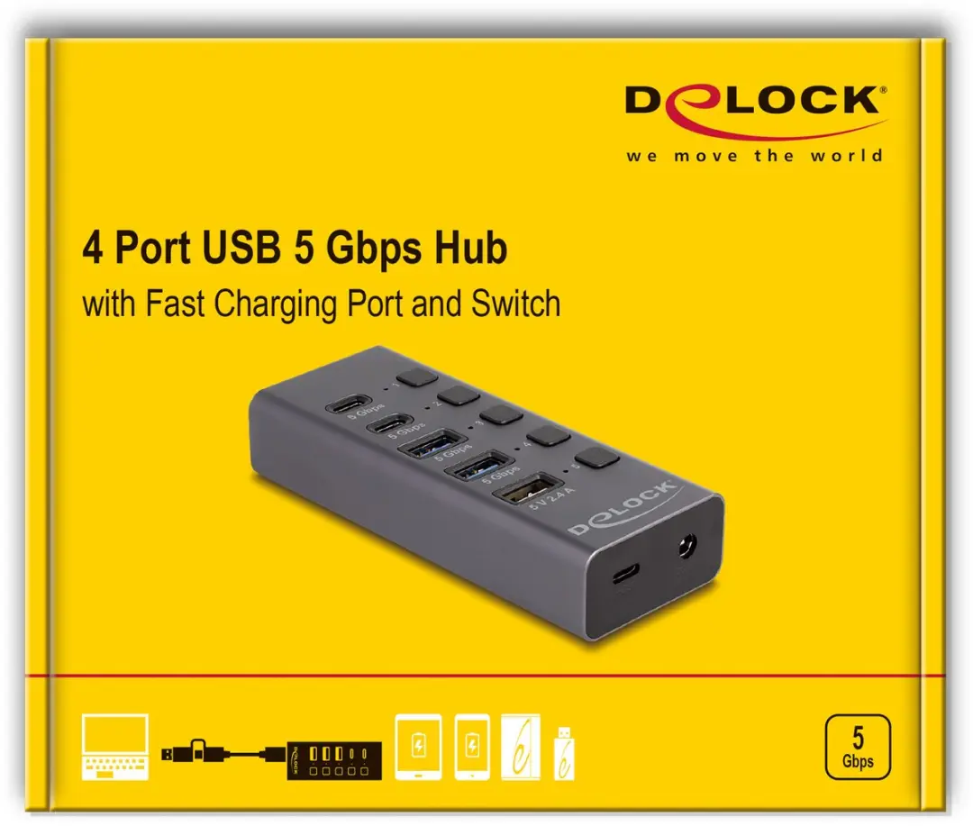 Delock 64248 USB 5Gbps Hub - 2x USB-A 2x USB-C + Snelladen - Grijs