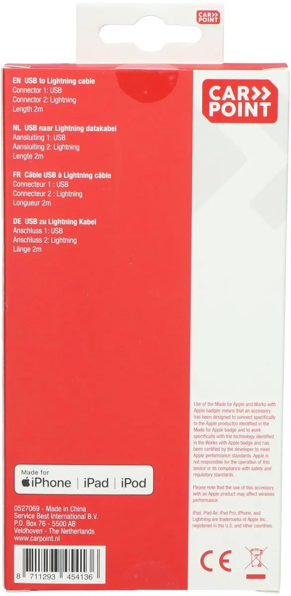 Carpoint Lightning Kabel 2m USB naar MFI 8-pins - Wit - afbeelding 2 van 6