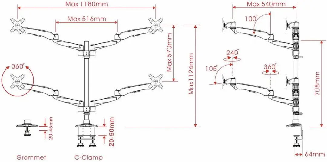 SpeaKa Professional SP-3957076 Tafelbeugel - 4 Monitoren 27" - Zwart/Zilver