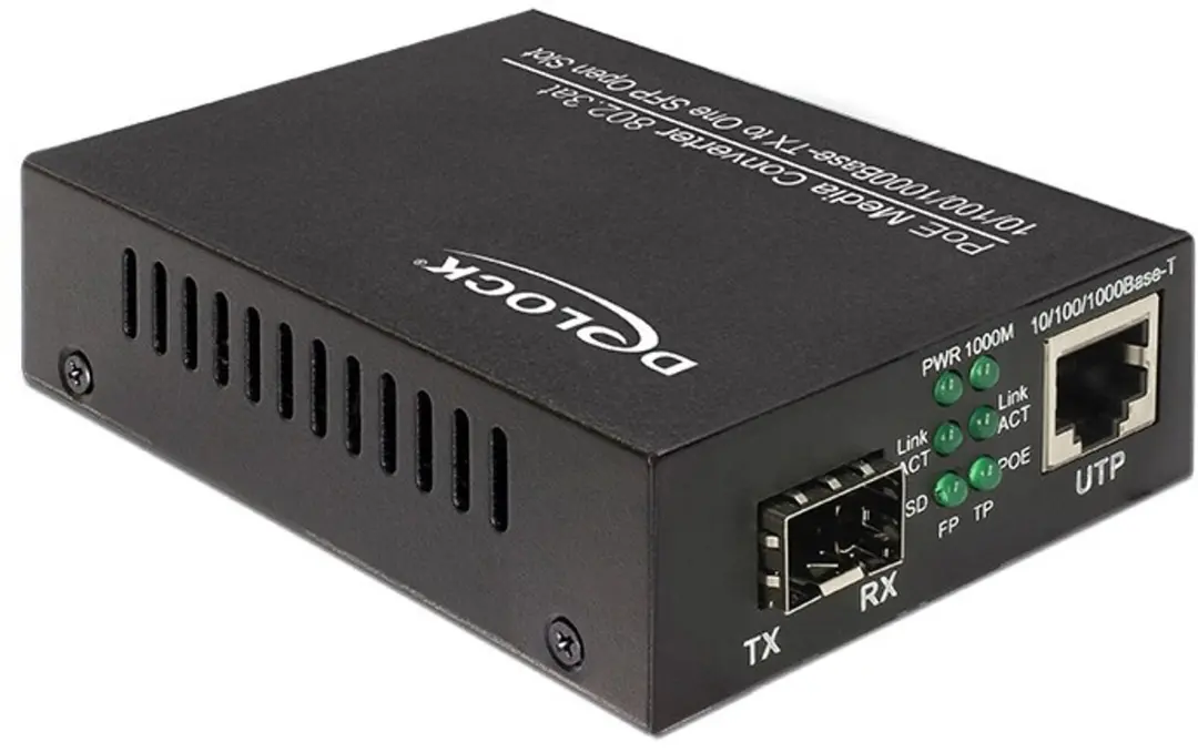 Delock PoE+ Media Converter 10/100/1000Base-T naar SFP - Zwart