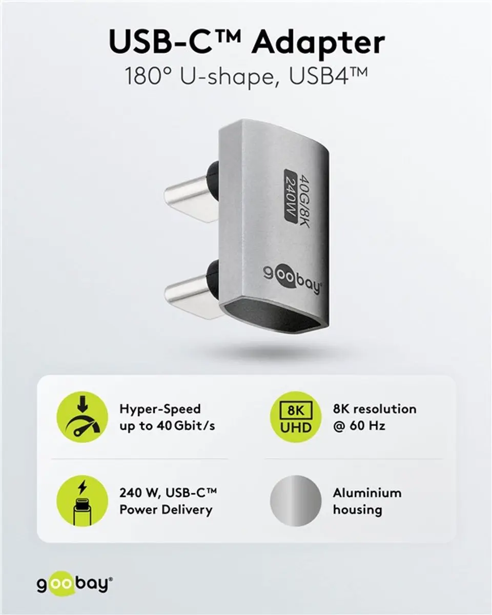 Goobay USB-C Haaks Koppelstuk 40Gbps PD240W 8K60Hz - Grijs
