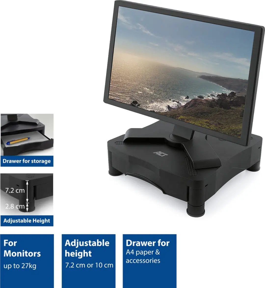 ACT AC8200 Monitorstandaard met lade - tot 43" - 27kg - Zwart