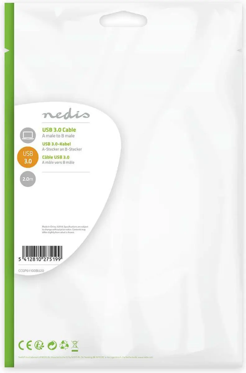 Nedis USB 3.2 Gen 1 A-B Kabel 5Gbps 2m - Blauw