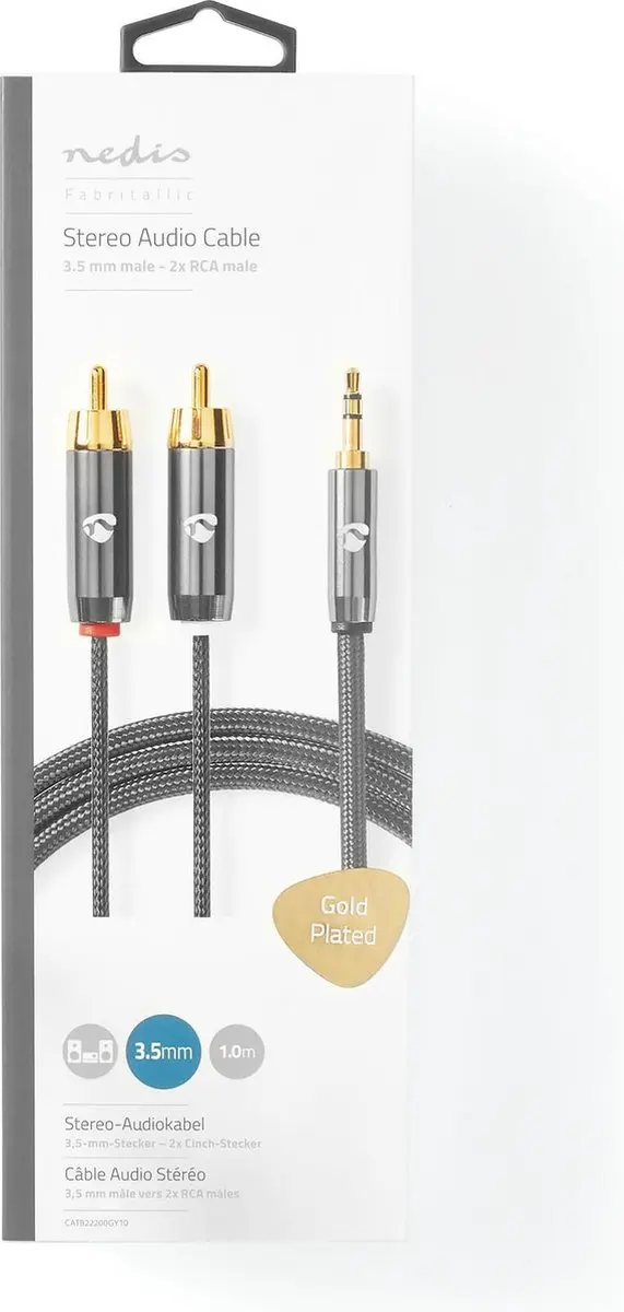Nedis Stereo-Audiokabel 3,5mm Male naar 2x RCA Male - 1m - Verguld - Grijs