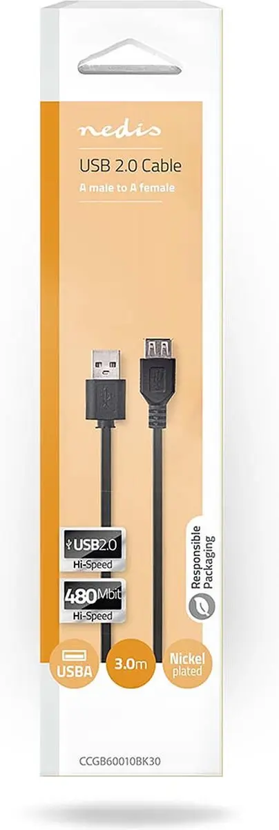 Nedis USB 2.0 A Male naar A Female Kabel 3m - Zwart