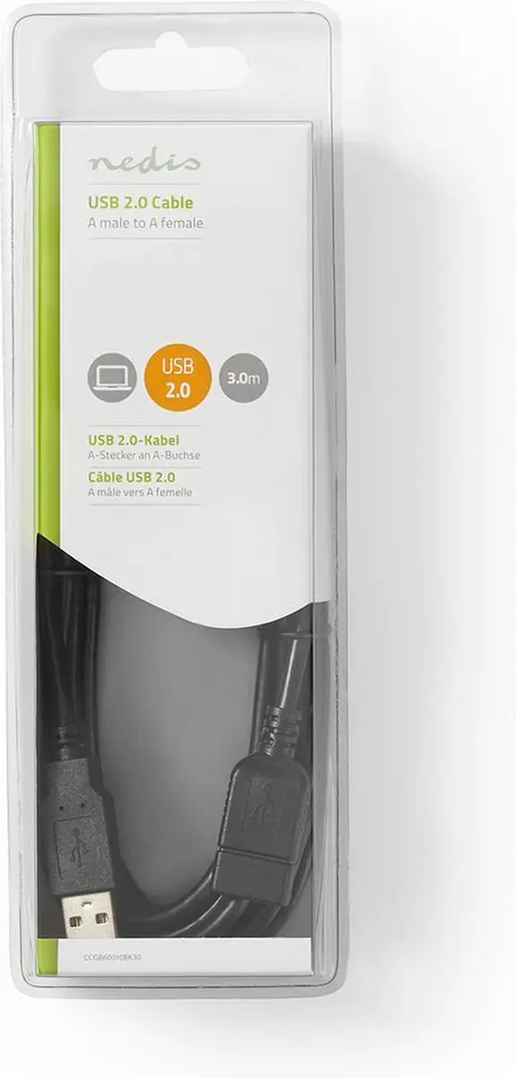 Nedis USB 2.0 A Male naar A Female Kabel 3m - Zwart