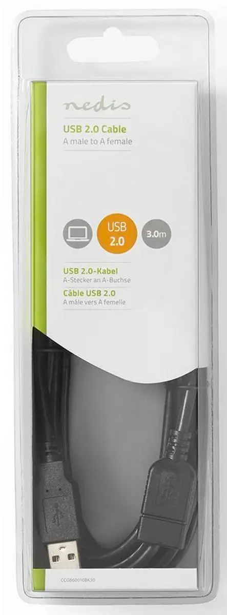Nedis USB 2.0 A Male naar A Female Kabel 3m - Zwart