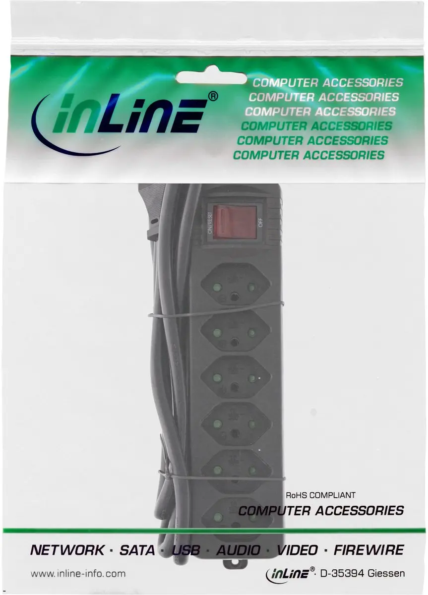 InLine Stekkerdoos Type J Zwitserland 6-voudig - 1,5m - Zwart