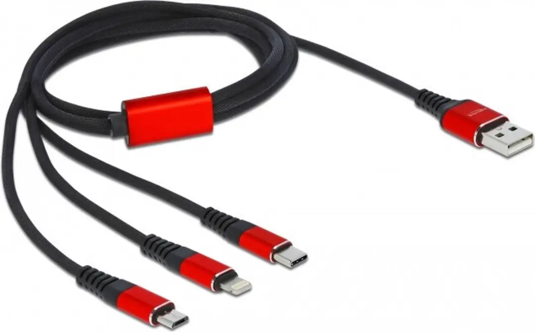 Delock USB 3-in-1 Type-A naar Lightning/2x USB-C 1m - Zwart/Rood