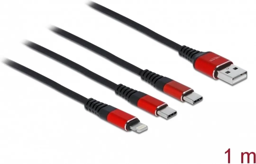 Delock USB 3-in-1 Type-A naar Lightning/2x USB-C 1m - Zwart/Rood