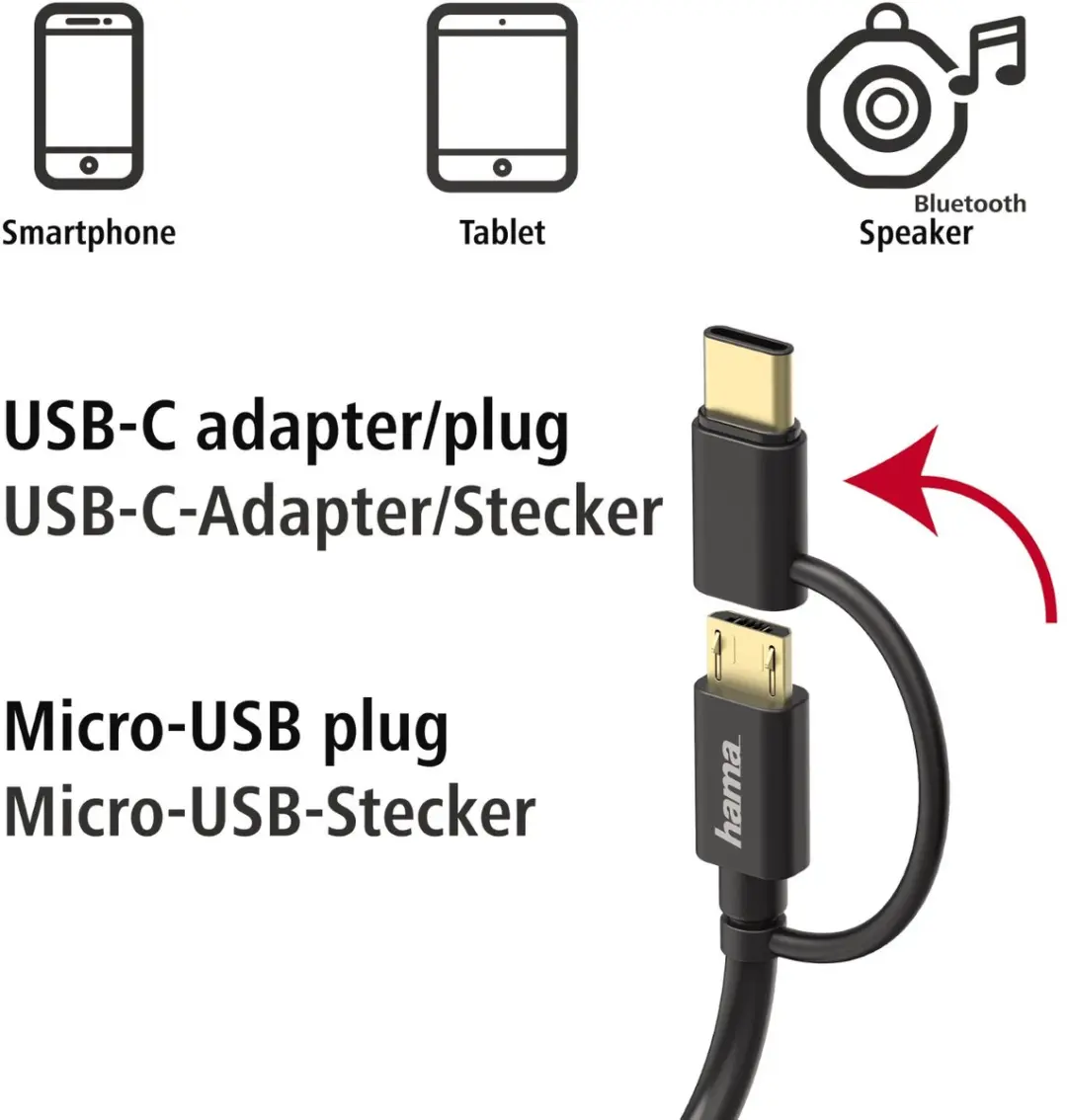 Hama USB Type-C naar micro-USB 2-in-1 Kabel 1m - Zwart