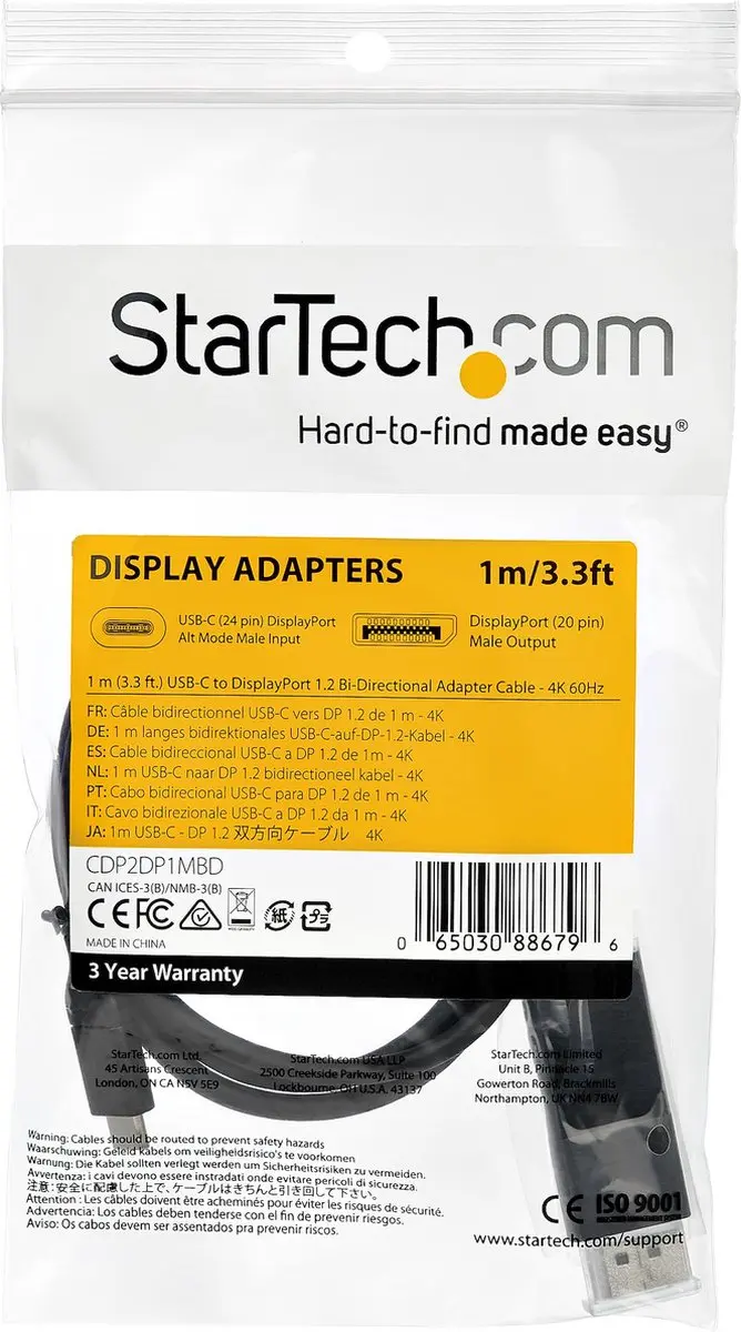 Startech USB-C naar DP 1.2 Kabel 4K - 1m - Zwart
