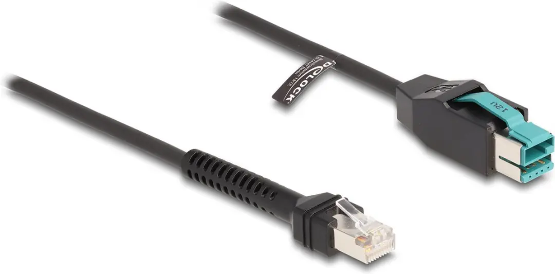 Delock Coiled Cable RJ50 male naar PoweredUSB male 12V - 3m - Zwart