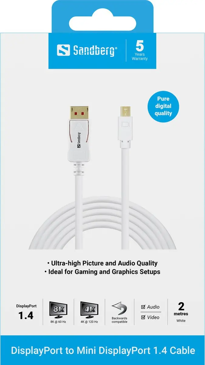 Sandberg DP-MiniDP 1.4 Kabel 8K60Hz 2m - Wit