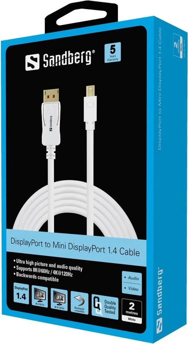 Sandberg DP-MiniDP 1.4 Kabel 8K60Hz 2m - Wit