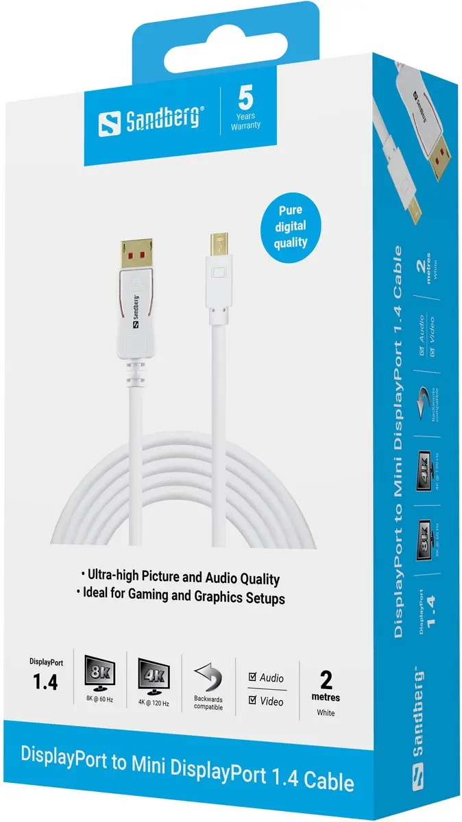 Sandberg DP-MiniDP 1.4 Kabel 8K60Hz 2m - Wit