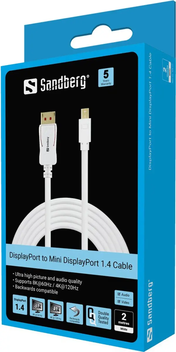 Sandberg DP-MiniDP 1.4 Kabel 8K60Hz 2m - Wit