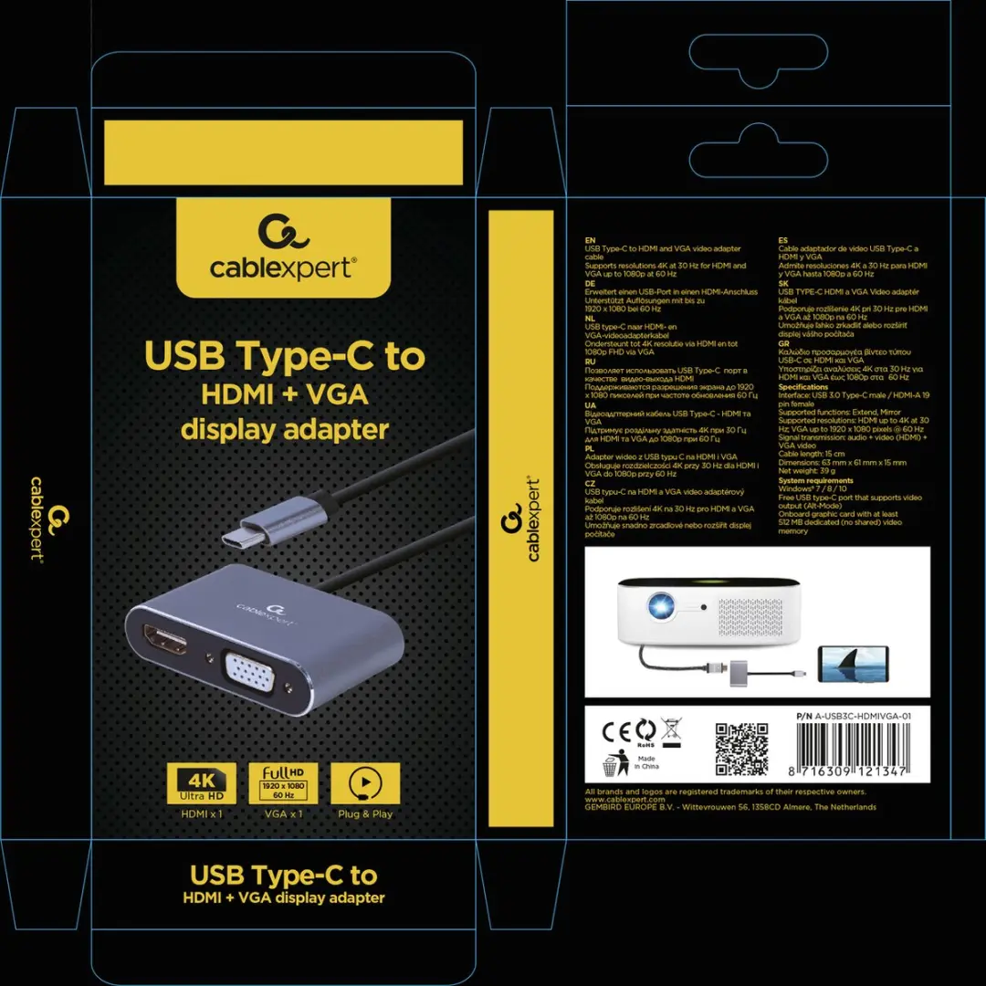 Gembird USB-C Multipoort Adapter HDMI/VGA - Space Grey - afbeelding 6 van 6