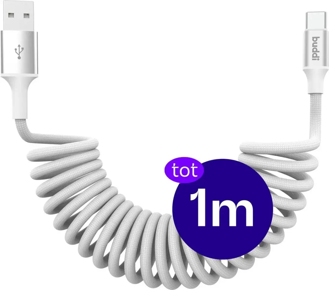 Buddi Flex Uitrekbare USB-A naar USB-C Krulkabel 1M