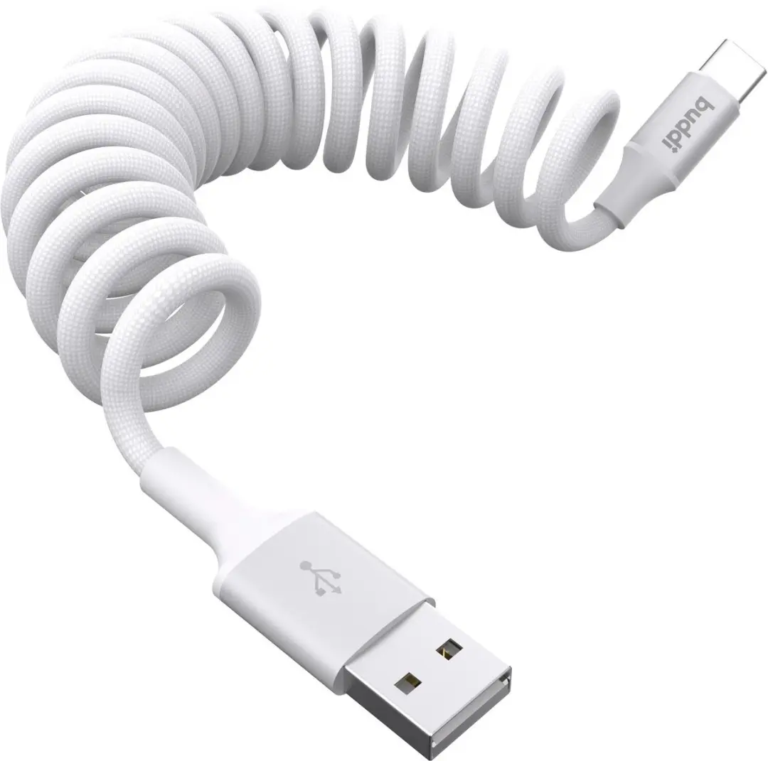 Buddi Flex Uitrekbare USB-A naar USB-C Krulkabel 1M - Wit