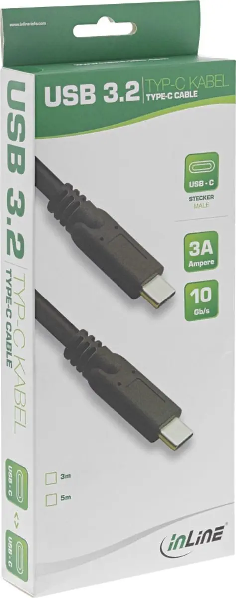 InLine USB-C naar USB-C Kabel 3.5705A - USB 3.2 10Gbit/s PD 20V/3A - 5m - Zwart