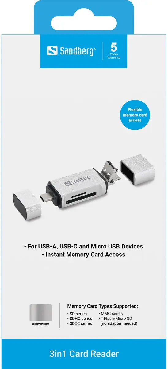 Sandberg 136-28 Card Reader - USB-C/USB/MicroUSB - Zilver