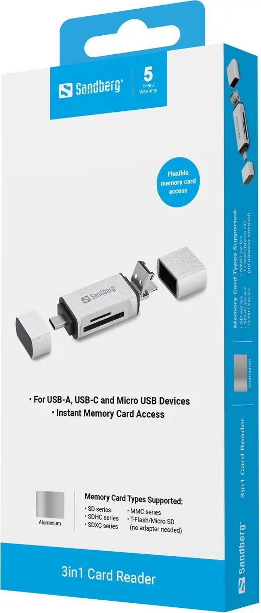 Sandberg 136-28 Card Reader - USB-C/USB/MicroUSB - Zilver