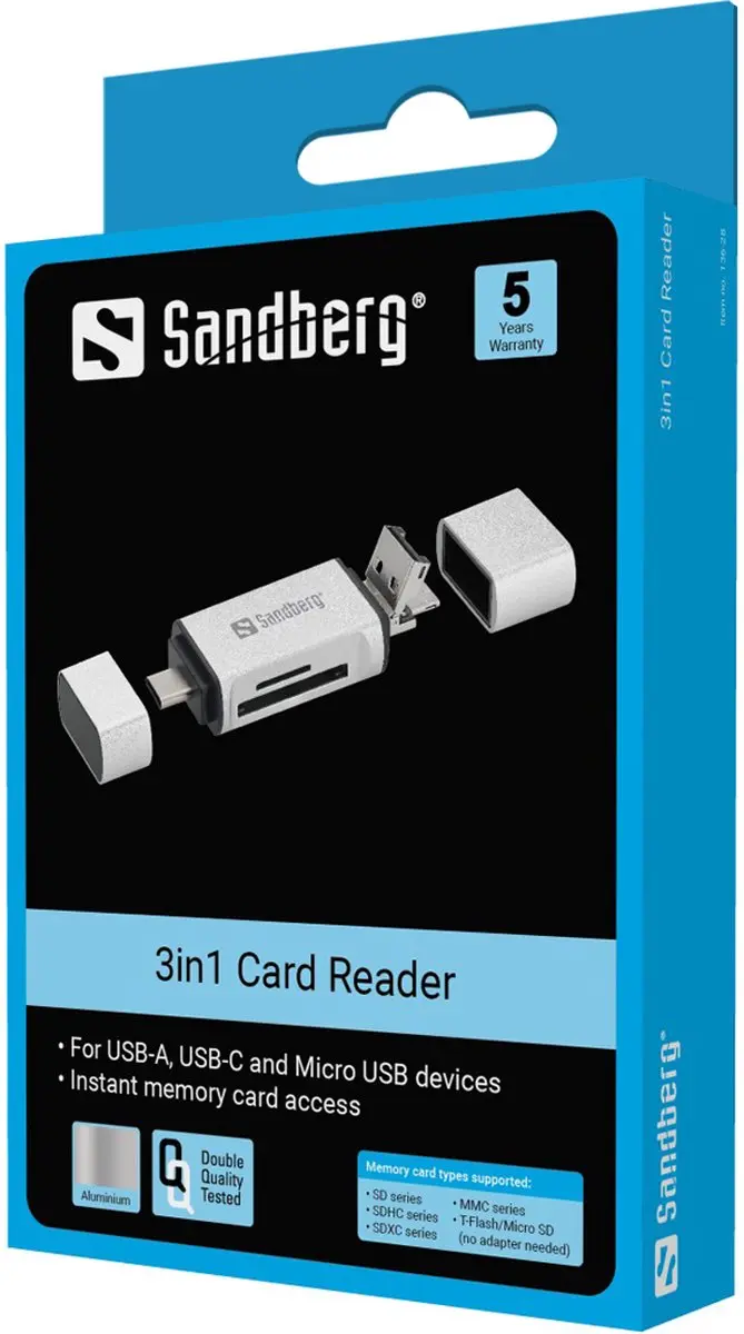 Sandberg 136-28 Card Reader - USB-C/USB/MicroUSB - Zilver - afbeelding 6 van 6