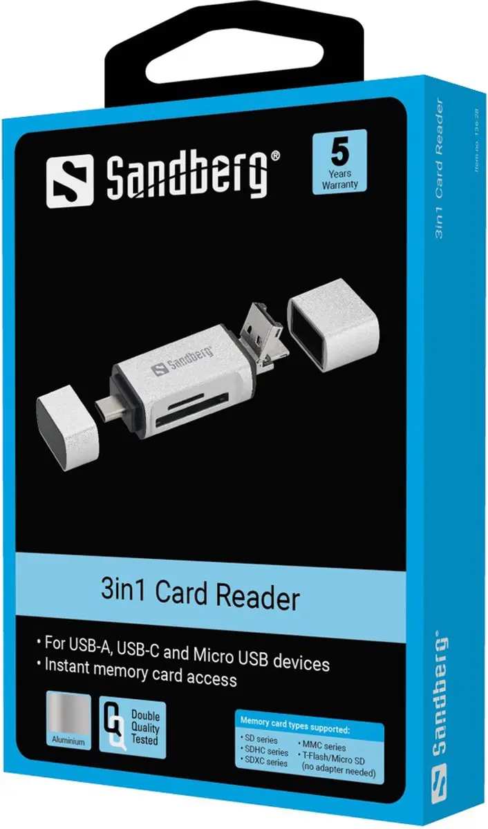 Sandberg 136-28 Card Reader - USB-C/USB/MicroUSB - Zilver