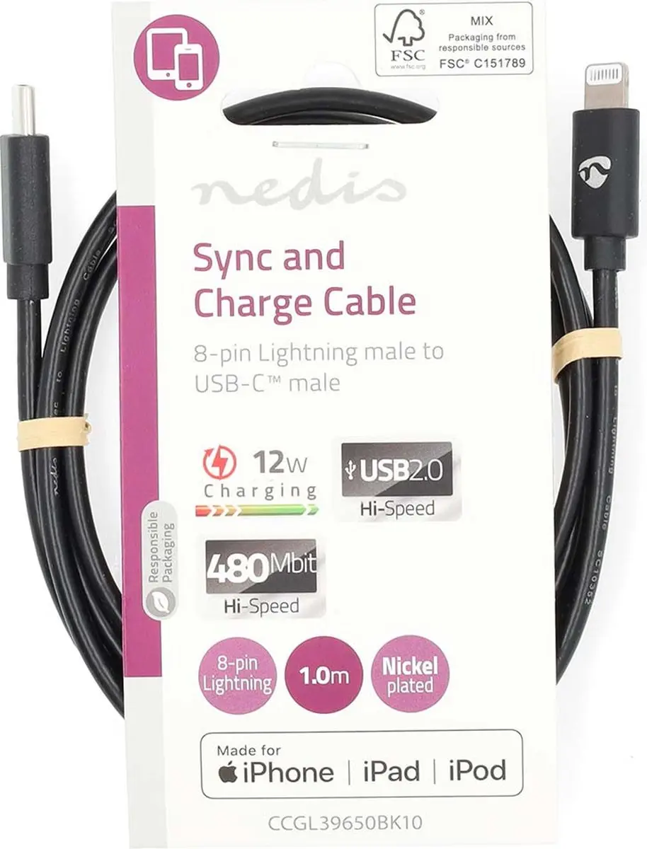 Nedis Lightning Kabel USB-C 8-Pins 1m - Zwart