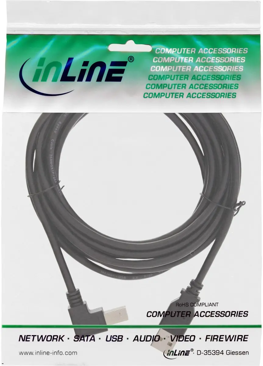 InLine USB-A naar haakse USB-B Kabel 2m - USB 2.0 - Zwart