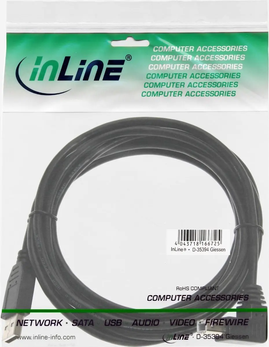 InLine USB-A naar haakse USB-B Kabel 2m - USB 2.0 - Zwart