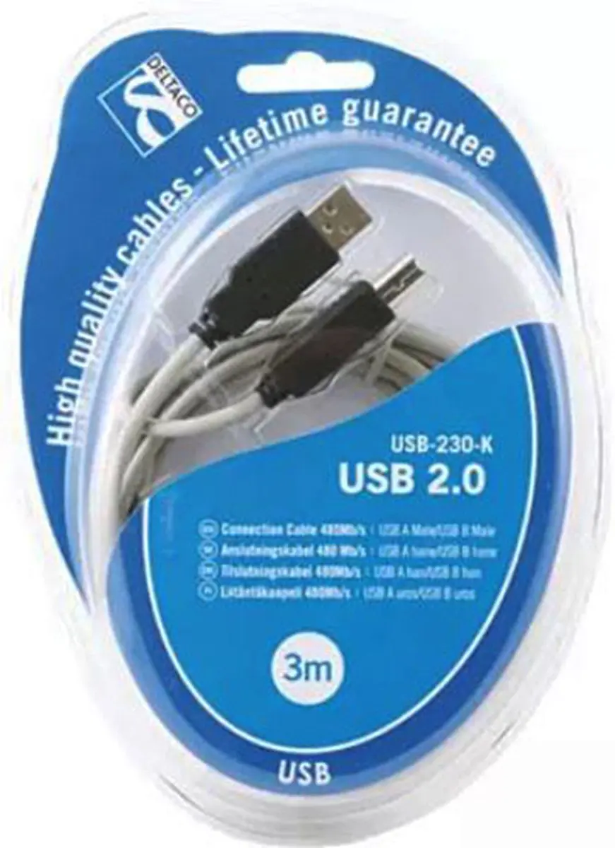 Deltaco USB-230-K USB A naar USB B Kabel 3m - Grijs
