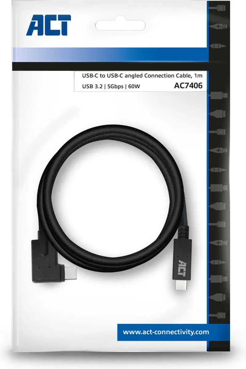 ACT AC7406 USB-C Kabel 90° - 1m - 5Gbps - Zwart