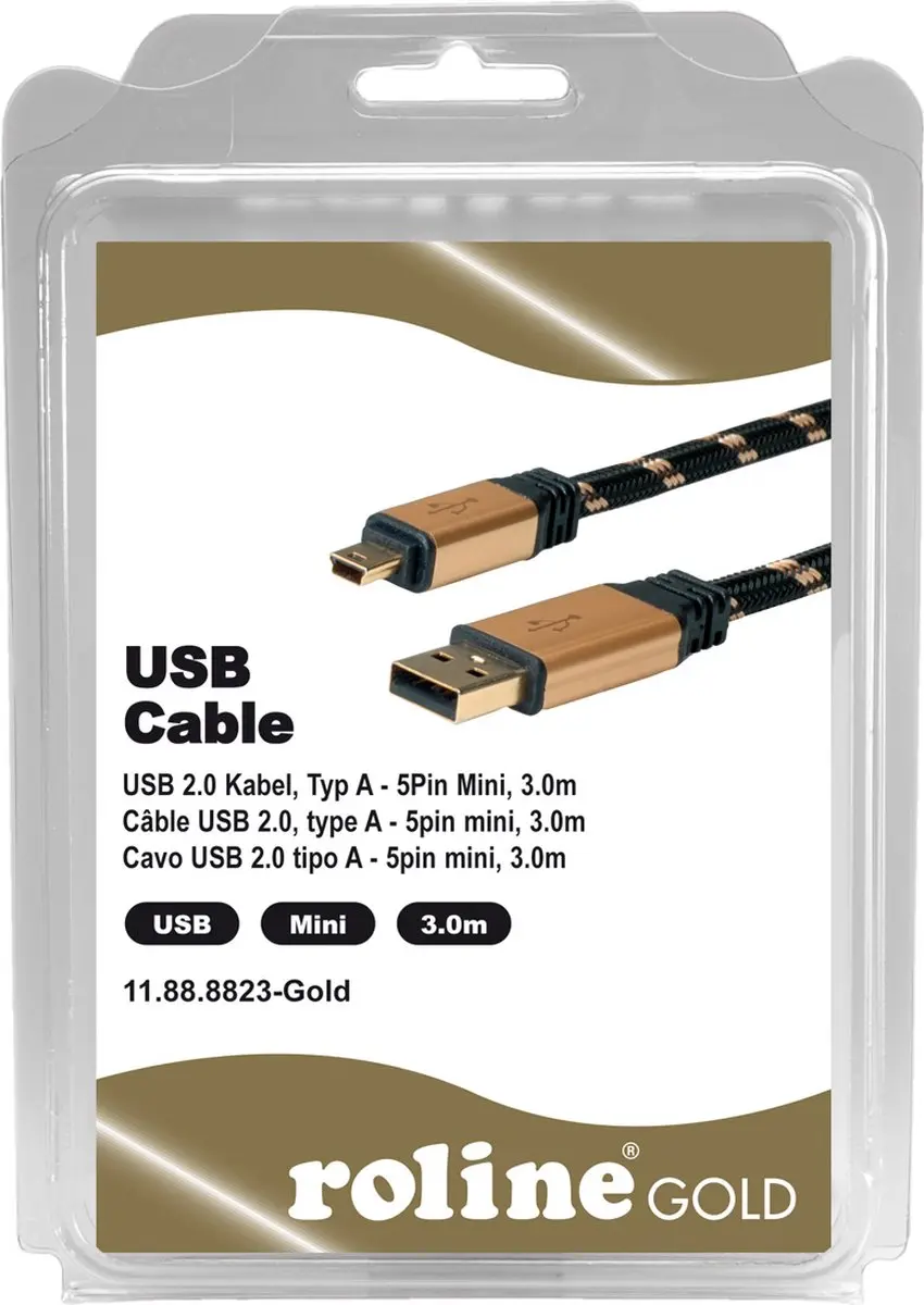 Roline GOLD USB 2.0 Kabel A naar Mini 5-Pin - 3m - Zwart/Goud - afbeelding 6 van 6
