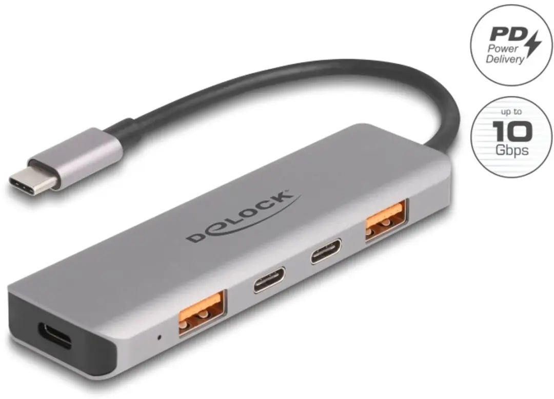 Delock 64302 USB Hub 10 Gbps - 2x USB-A + 2x USB-C - 95W PD - Grijs