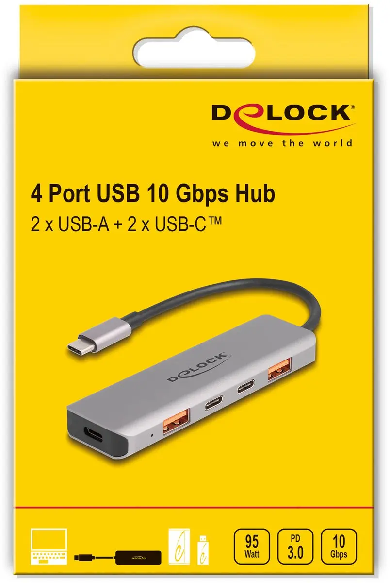 Delock 64302 USB Hub 10 Gbps - 2x USB-A + 2x USB-C - 95W PD - Grijs