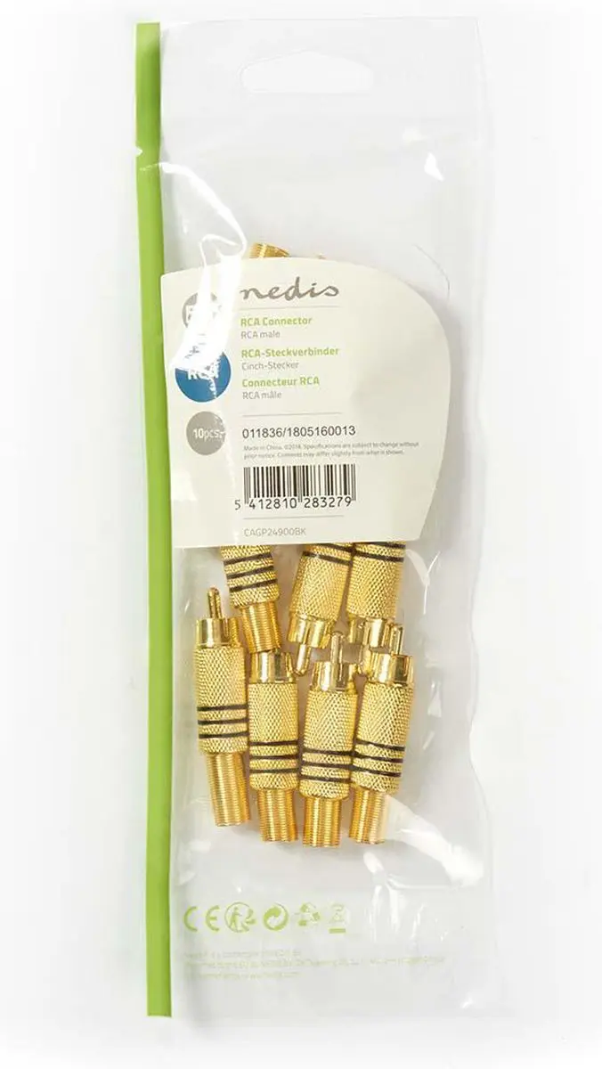 Nedis RCA-Connector Mannelijk Recht Verguld - 10 Stuks