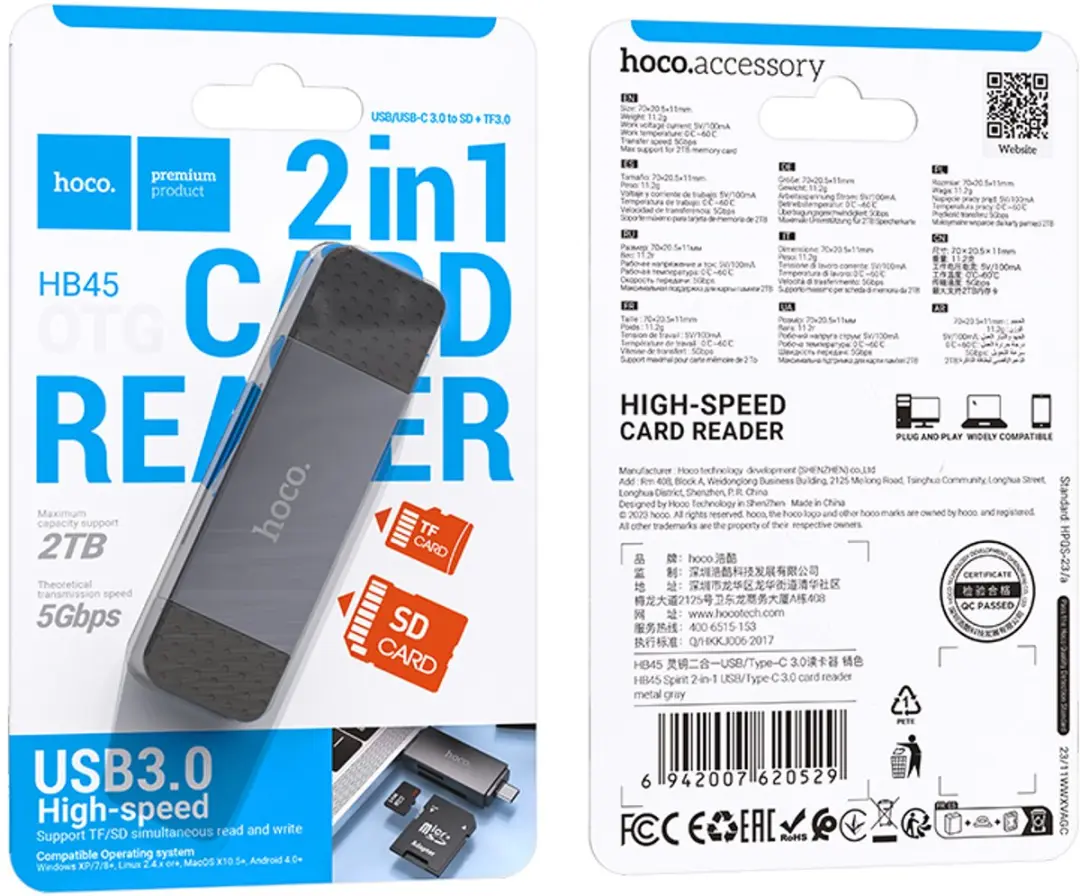 Hoco 2-in-1 Card Reader USB-C/USB 3.0 - Grijs