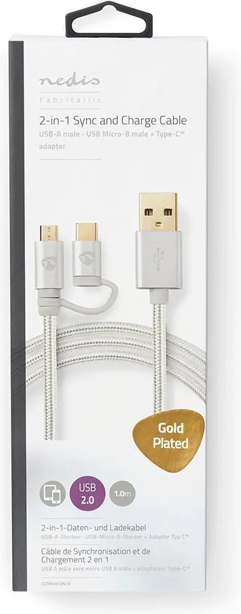 Nedis 2-in-1 USB 2.0 Kabel USB-A naar USB-C 480 Mbps 1m - Aluminium - afbeelding 6 van 6