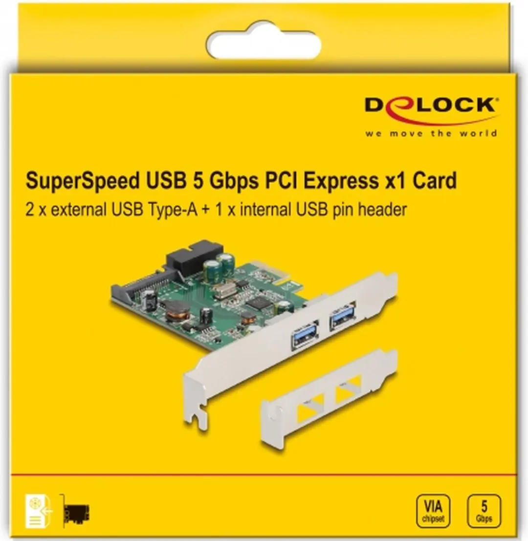 Delock PCIe Kaart 2x USB 3.2 Gen 1 Type-A + 1x Header - Zilver