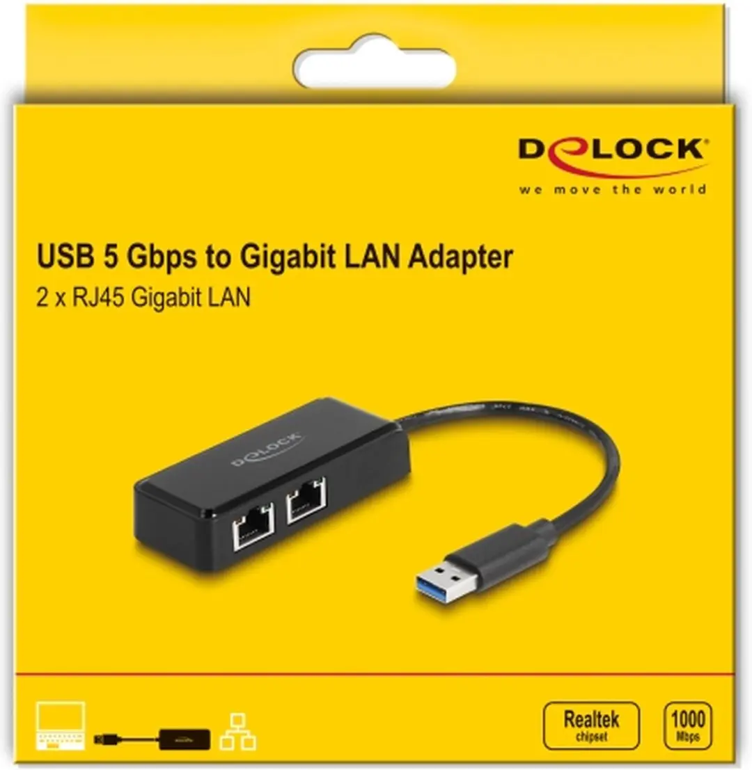 Delock USB Type-A naar 2x Gigabit LAN Adapter - Zwart