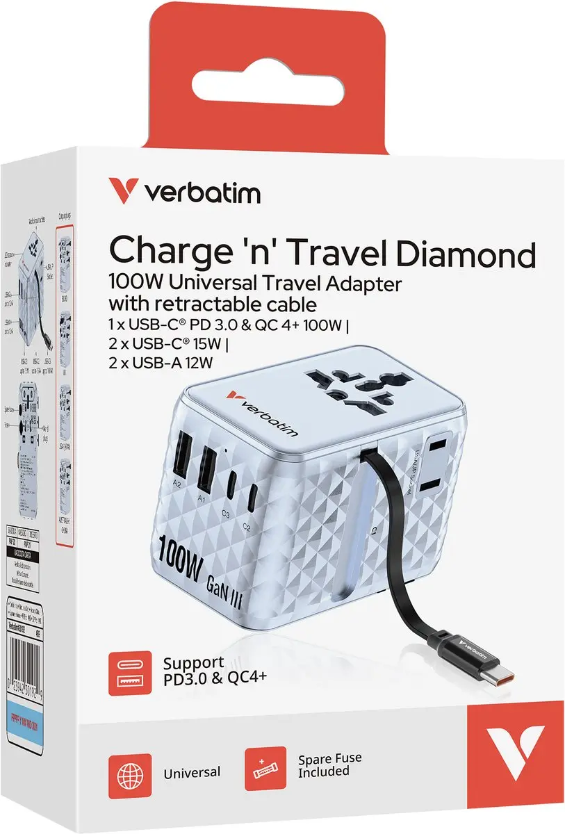 Verbatim EU VK VS Reisadapter - 2x USB-C + 2x USB-A - Blauw