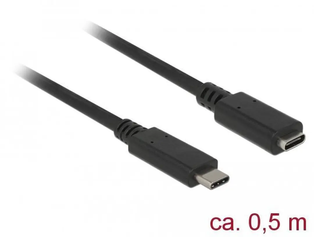 Delock USB-C Verlengkabel 3.2 10Gbit/s PD 20V/3A 4K60Hz - 0,5m - Zwart