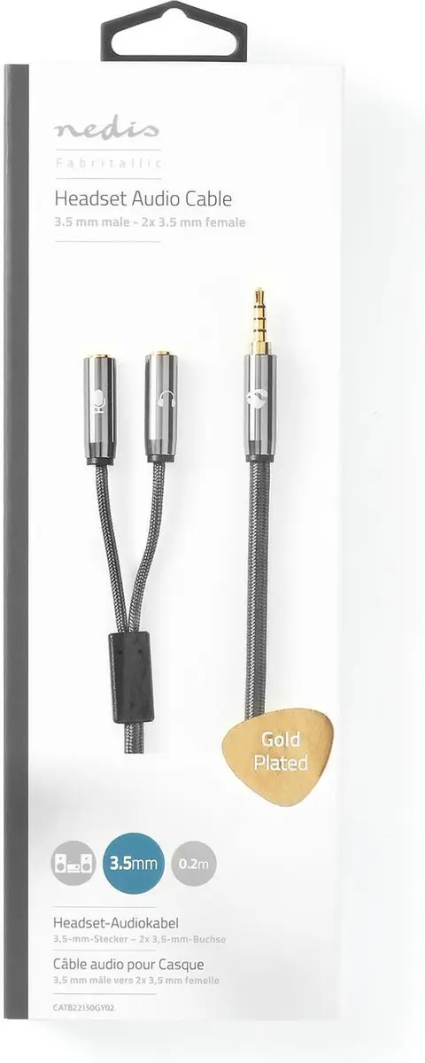 Nedis Stereo-Audiokabel 3,5mm M/F - 0,20m - Verguld - Grijs