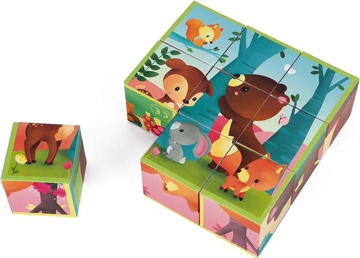 Janod Kubkid 7221 Bosdieren Bouwspel & Puzzel - 9 Blokken