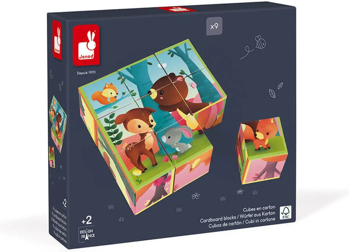 Janod Kubkid 7221 Bosdieren Bouwspel & Puzzel - 9 Blokken