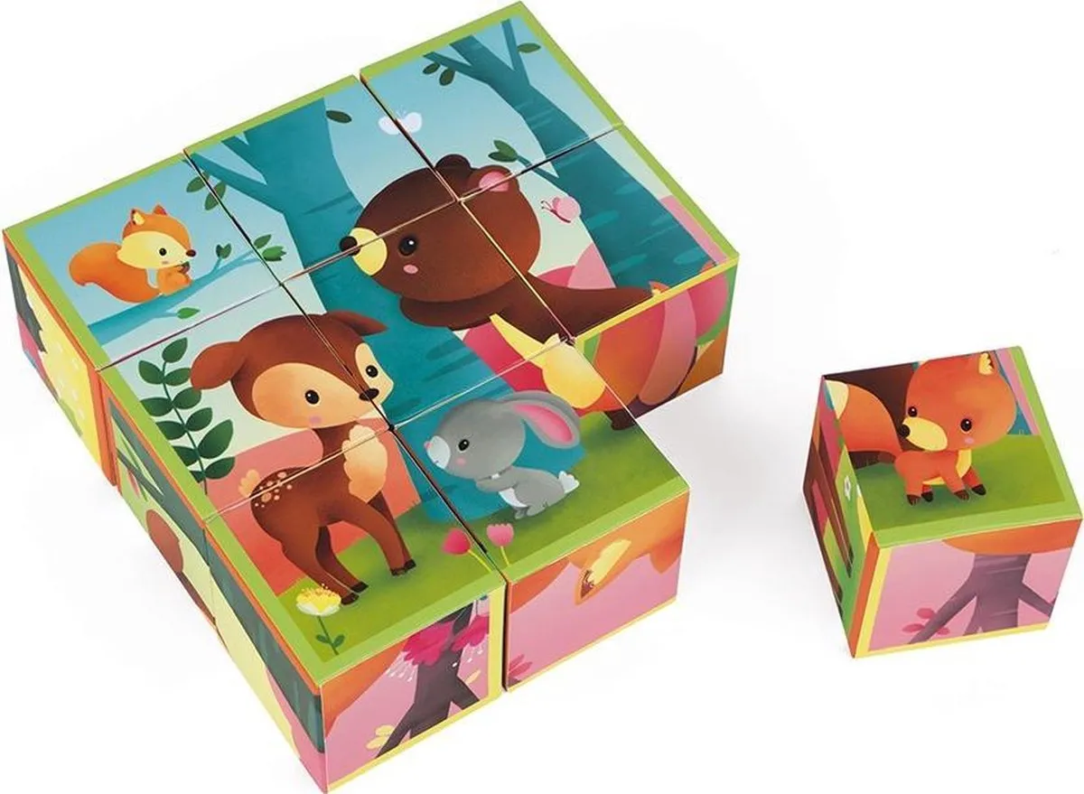 Janod Kubkid 7221 Bosdieren Bouwspel & Puzzel - 9 Blokken